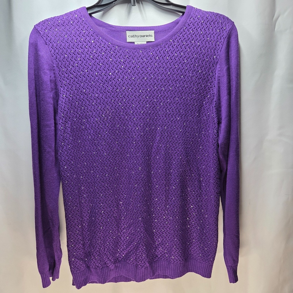 Sparkle! Cathy Daniels Purple Sweater L Rhinestones Long Sleeve Holiday